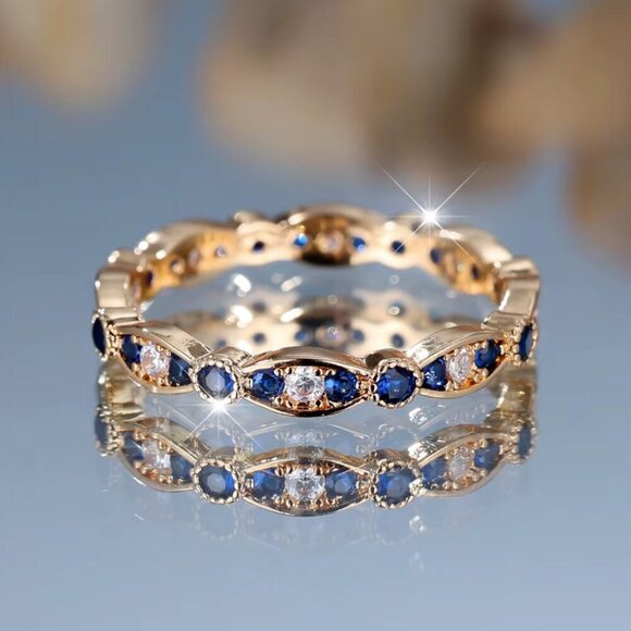NEW 14k Yellow Gold Diamond Ring Band Blue Sapphire Stackable Ring - Picture 5 of 6